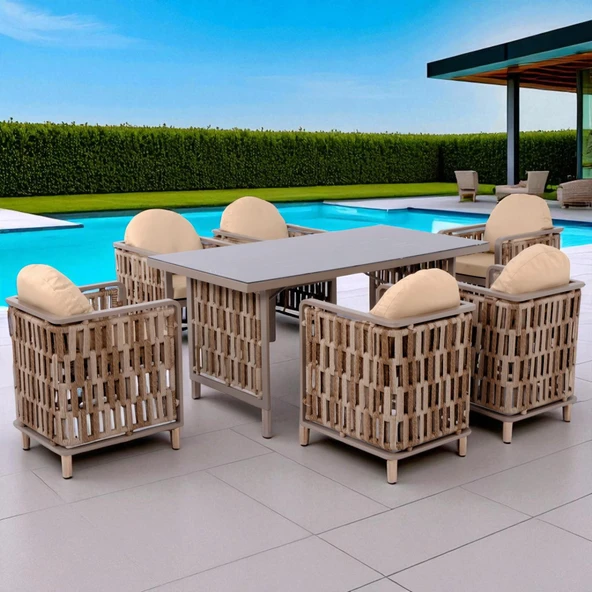 Talia | Rattan Bahçe Masa Takımı | 100X200 6 Kişilik Bahçe Mobilyası - Resim 4