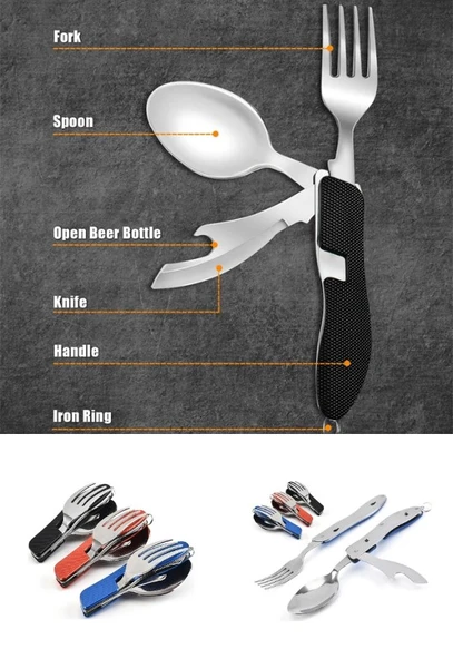  Katlanabilir Sofra Bıçak Kaşık Çatal 4in1 Yemek Kaşığı Paslanmaz Çelik Şişe Açacağı Taşınabilr Set  - Resim 2