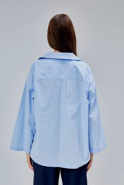 Bebe Mavisi Oversize Poplin Gömlek - 7