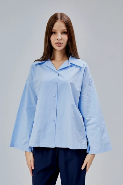Bebe Mavisi Oversize Poplin Gömlek - 5