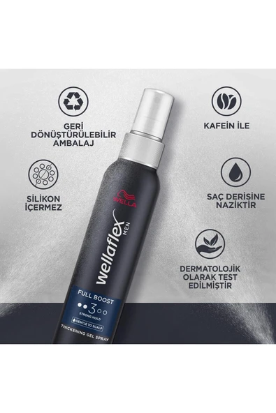 Wellaflex Men Full Boost Thickening Daha Kalın Telli Ve Dolgun Görünümlü Saçlar İçin Kafein İçeren Güçlü Jel Saç Spreyi Strong Hold - 150 ml - 7