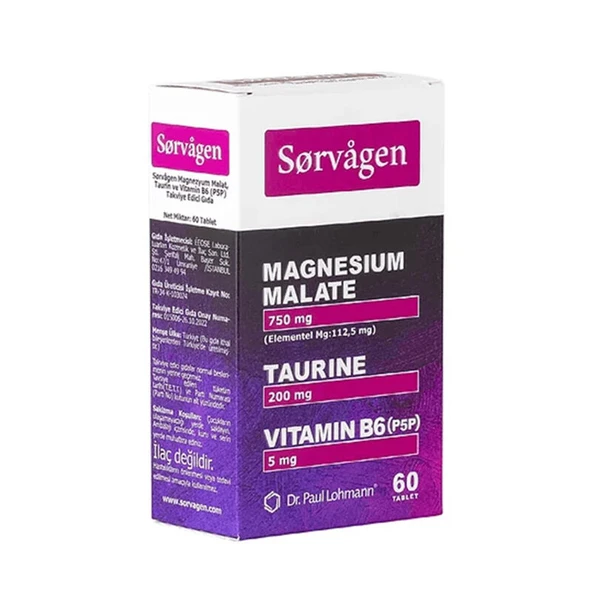 Sorvagen Magnezyum Malat, Taurin ve Vitamin B6 İçeren Takviye Edici Gıda 60 Tablet ürün görseli