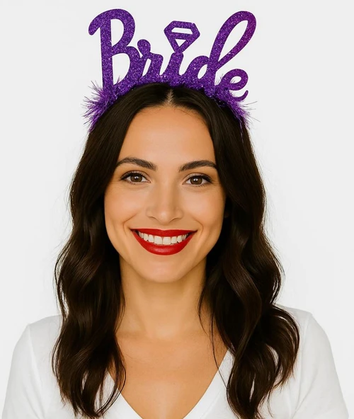 Nessiworld Mor Renk Bekarlığa Veda İtalik Yazı Alyanslı Bride Taç ürün görseli 1