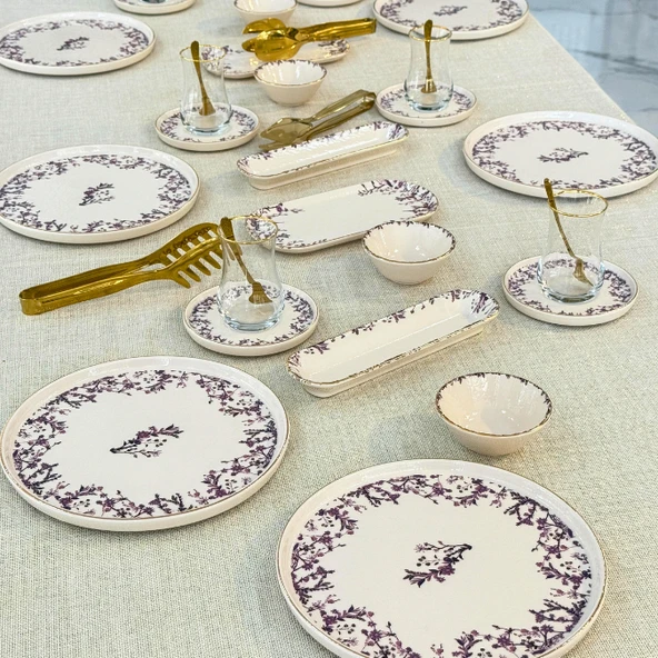 Glore Botanica 32 Parça 6 Kişilik Altın Yaldızlı Seramik Kahvaltı Takımı - 8