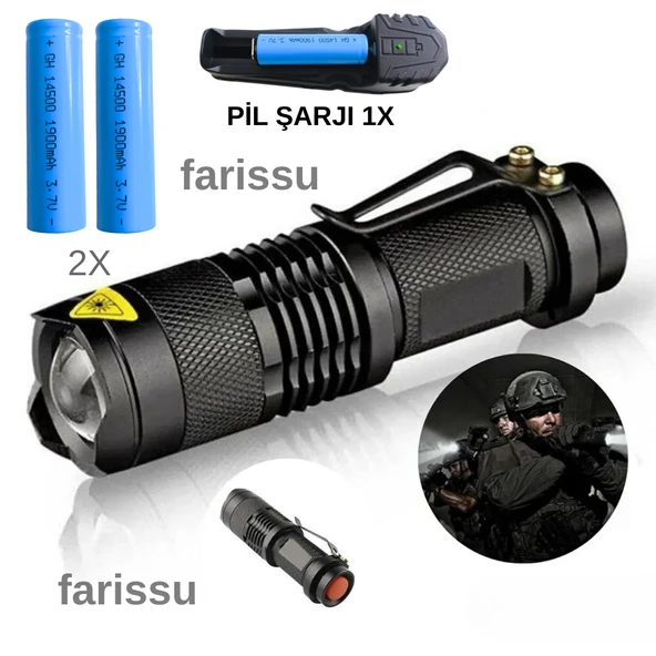 Taktik Tip Zoomlu El Feneri | 2 Adet 1900 mAh Pil + Şarj Cihazı | 3 Mod | Süper Parlak LED