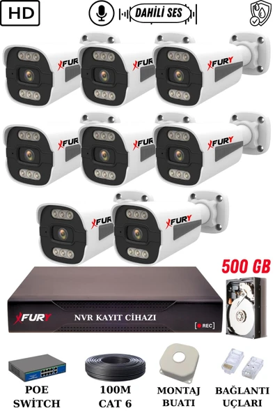 FURY 8 Kameralı Ip Güvenlik Kamerası Seti Sesli 4mp Gece Renkli Su Geçirmez 1506s 500GB - 2