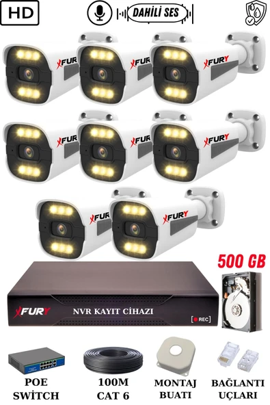 FURY 8 Kameralı Ip Güvenlik Kamerası Seti Sesli 4mp Gece Renkli Su Geçirmez 1506s 500GB