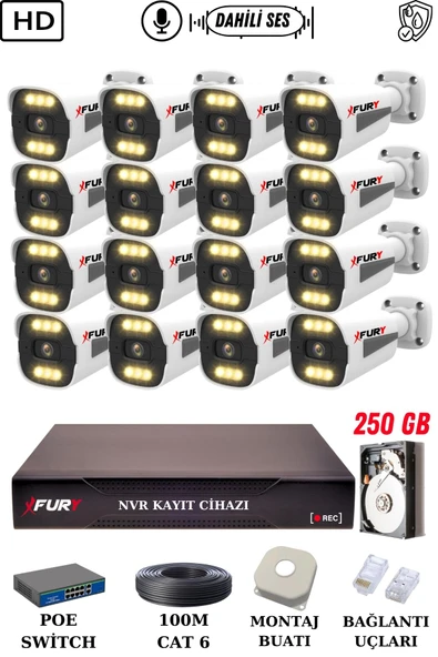 FURY 16 Kameralı Ip Güvenlik Kamerası Seti Sesli 4mp Gece Renkli Su Geçirmez 1506s 250GB ürün görseli
