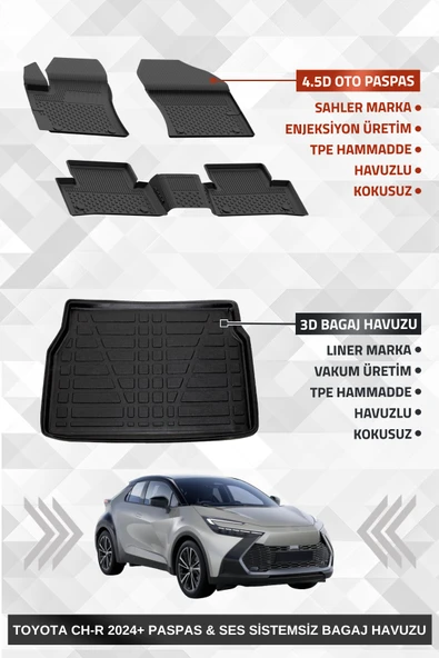 Sahler Toyota C-HR 2 2023+ Uyumlu 4.5D Premium Havuzlu Oto Paspas ve Liner Marka 3D SES SİSTEMSİZ Bagaj Havuzu ürün görseli
