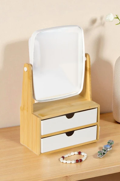 İronika Bambu 2 Çekmeceli Aynalı Makyaj Organizeri Saat Kolye Yüzük Takı Aksesuar Kutusu Makyaj Aynası ürün görseli