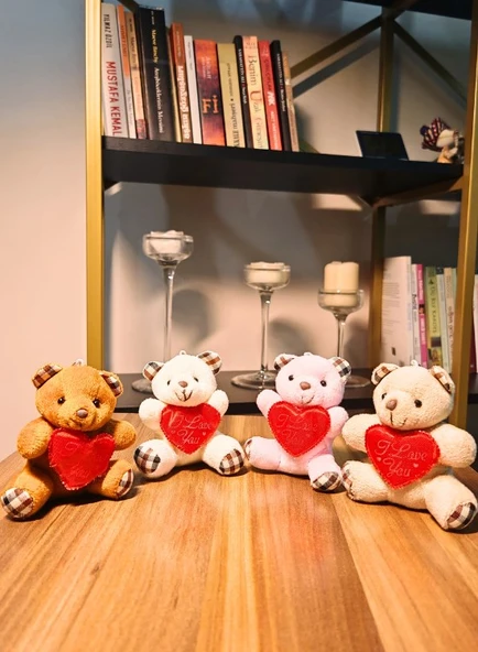 4 Adet Sevimli Mini Peluş Ayıcık - Kalpli 'I Love You' Mesajlı 11x9 cm - 4