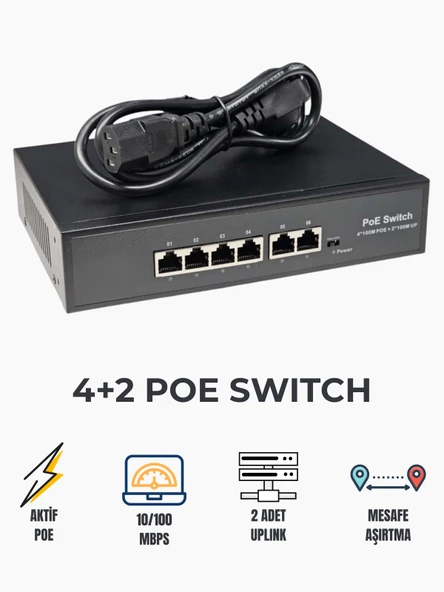 Karer 4+2 Port Aktif PoE Switch | IP Kamera Sistemleri için Güç ve Veri Çözümü