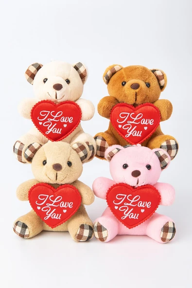 4 Adet Sevimli Mini Peluş Ayıcık - Kalpli 'I Love You' Mesajlı 11x9 cm - 3