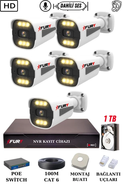 FURY 5 Kameralı Ip Güvenlik Kamerası Seti Sesli 4mp Gece Renkli Su Geçirmez 1506s 1TB ürün görseli