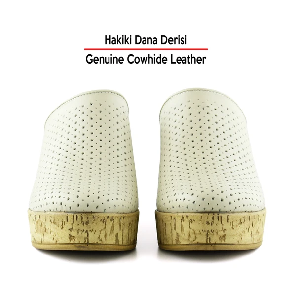 Erkan Saçmacı Aria Bej Hakiki Dana Derisi Önü Kapalı Mantar Taban Görünümlü Dolgu Topuklu Terlik - 4