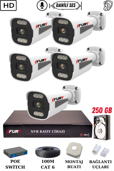 FURY 5 Kameralı Ip Güvenlik Kamerası Seti Sesli 4mp Gece Renkli Su Geçirmez 1506s 250GB - Resim 2