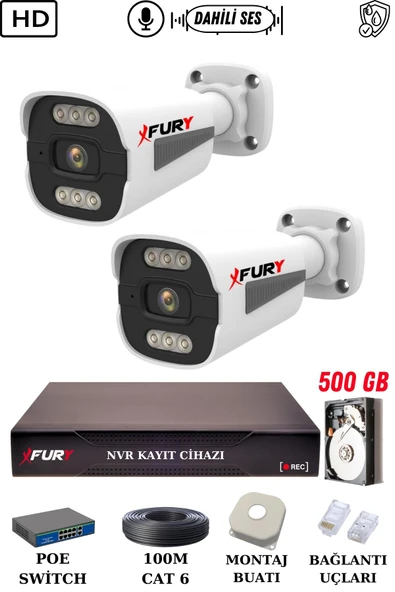 FURY 2 Kameralı Ip Güvenlik Kamerası Seti Sesli 4mp Gece Renkli Su Geçirmez 1506s 500GB - Resim 2