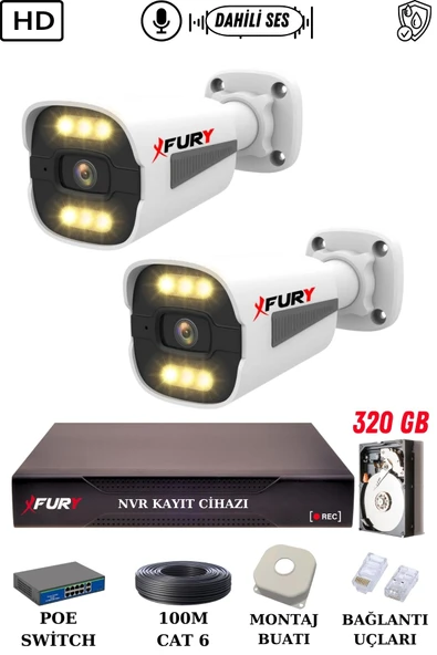 FURY 2 Kameralı Ip Güvenlik Kamerası Seti Sesli 4mp Gece Renkli Su Geçirmez 1506s 320GB