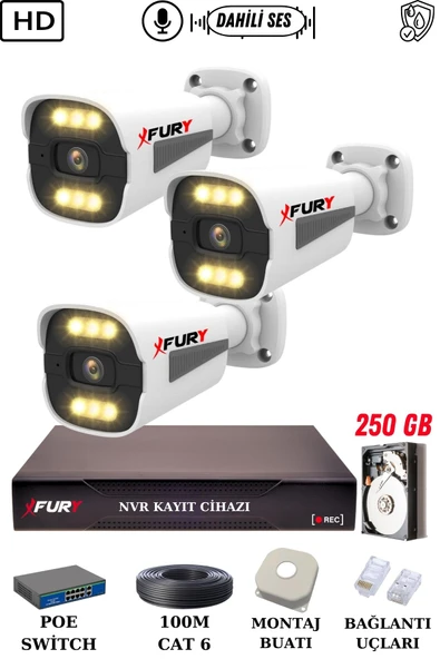 FURY 3 Kameralı Ip Güvenlik Kamerası Seti Sesli 4mp Gece Renkli Su Geçirmez 1506s 250GB