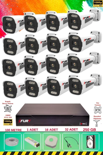 FURY 16 Kameralı 6 Warm Led Gece Renkli Görüş-Cepten İzle-Su Geçirmez Güvenlik Kamerası Seti 250GB - Resim 2