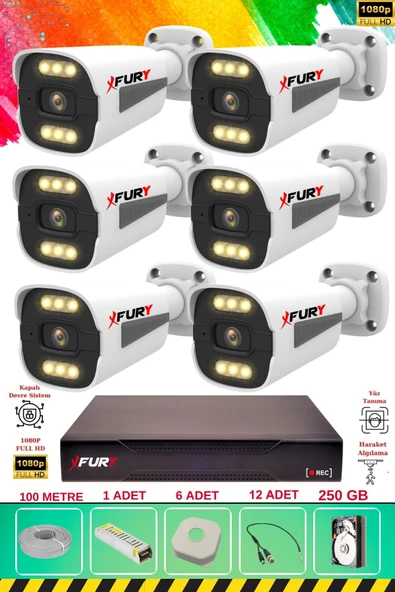 FURY 6 Kameralı 6 Warm Led Gece Renkli Görüş-Cepten İzle-Su Geçirmez Güvenlik Kamerası Seti 250GB ürün görseli