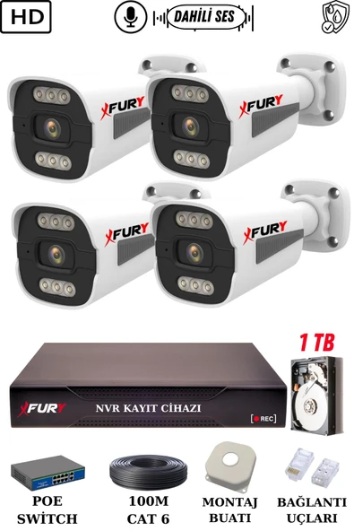FURY 4 Kameralı Ip Güvenlik Kamerası Seti Sesli 4mp Gece Renkli Su Geçirmez 1506s 1TB - 2