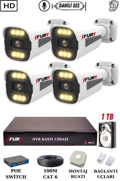 FURY 4 Kameralı Ip Güvenlik Kamerası Seti Sesli 4mp Gece Renkli Su Geçirmez 1506s 1TB