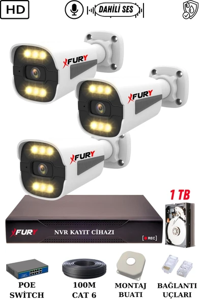 FURY 3 Kameralı Ip Güvenlik Kamerası Seti Sesli 4mp Gece Renkli Su Geçirmez 1506s 1TB ürün görseli