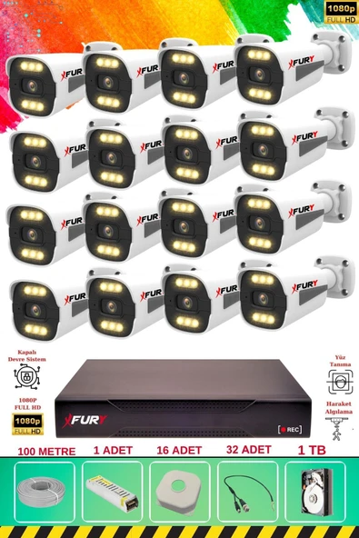 FURY 16 Kameralı 6 Warm Led Gece Renkli Görüş-Cepten İzle-Su Geçirmez Güvenlik Kamerası Seti 1TB ürün görseli