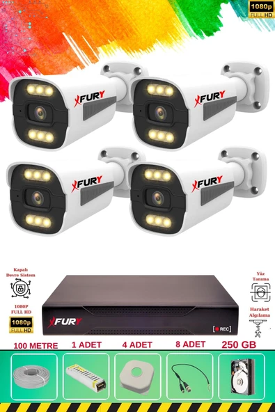 FURY 4 Kameralı 6 Warm Led Gece Renkli Görüş-Cepten İzle-Su Geçirmez Güvenlik Kamera Seti 250GB ürün görseli
