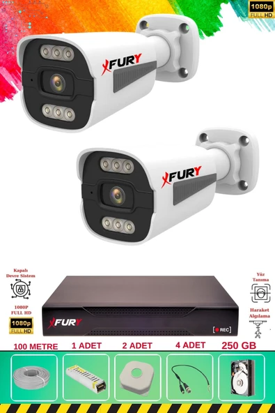 FURY 2 Kameralı 6 Warm Led Gece Renkli Görüş-Cepten İzle-Su Geçirmez Güvenlik Kamerası Seti 250GB - Resim 2