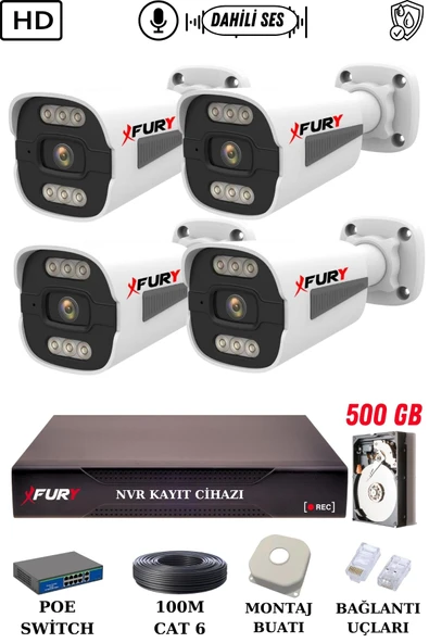 FURY 4 Kameralı Ip Güvenlik Kamerası Seti Sesli 4mp Gece Renkli Su Geçirmez 1506s 500GB - Resim 2