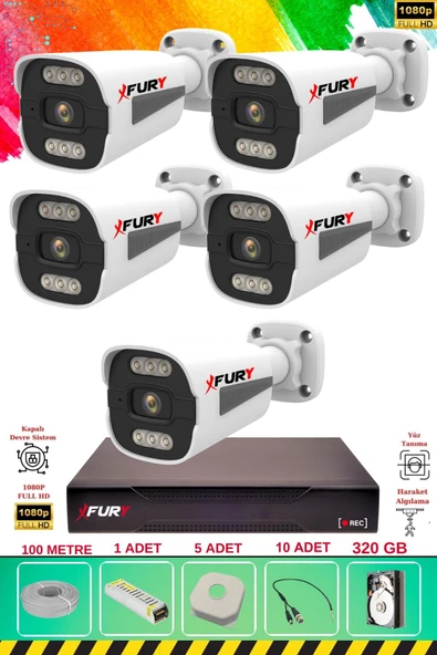FURY 5 Kameralı 6 Warm Led Gece Renkli Görüş-Cepten İzle-Su Geçirmez Güvenlik Kamerası Seti 320GB - Resim 2