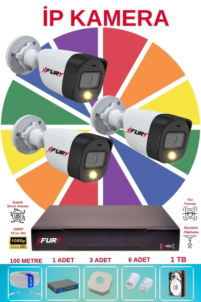 FURY 3 Lü Ip Güvenlik Kamera Seti Sesli 4mp Gece Renkli Su Geçirmez 5515s 1TB ürün görseli