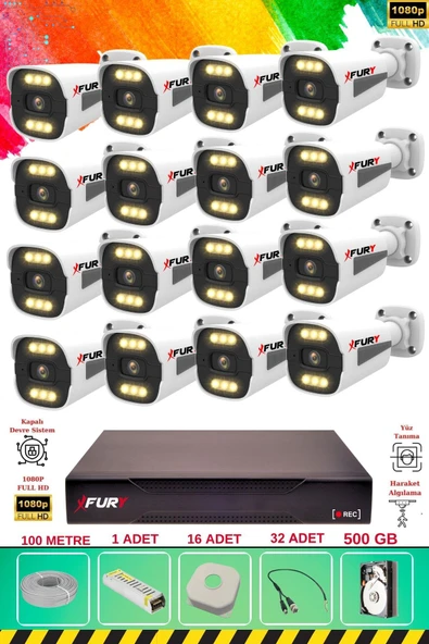 FURY 16 Kameralı 6 Warm Led Gece Renkli Görüş-Cepten İzle-Su Geçirmez Güvenlik Kamerası Seti 500GB ürün görseli