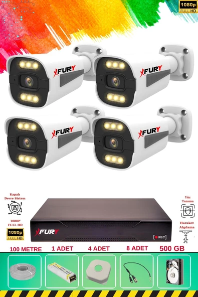 FURY 4 Kameralı 6 Warm Led Gece Renkli Görüş-Cepten İzle-Su Geçirmez Güvenlik Kamera Seti 500GB ürün görseli