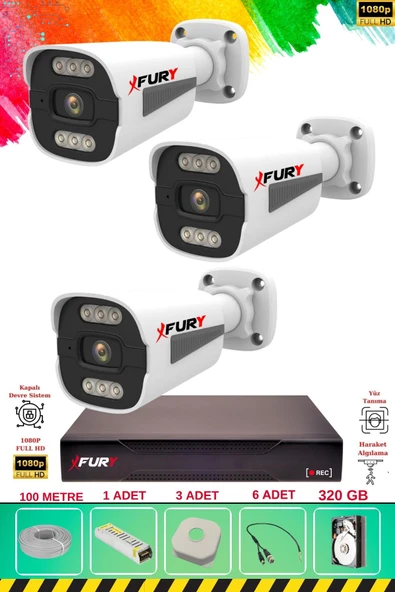 FURY 3 Kameralı 6 Warm Led Gece Renkli Görüş-Cepten İzle-Su Geçirmez Güvenlik Kamerası Seti 320GB - Resim 2