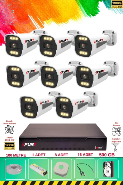 FURY 8 Kameralı 6 Warm Led Gece Renkli Görüş-Cepten İzle-Su Geçirmez Güvenlik Kamerası Seti 500GB ürün görseli