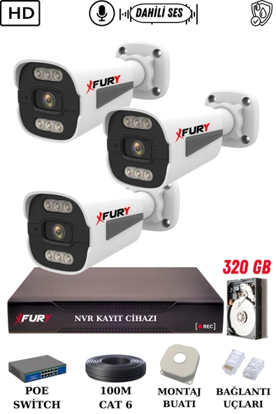 FURY 3 Kameralı Ip Güvenlik Kamerası Seti Sesli 4mp Gece Renkli Su Geçirmez 1506s 320GB - Resim 2