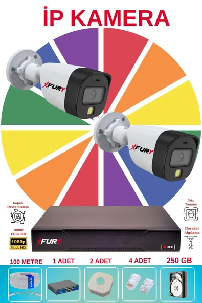 FURY 2 Li Ip Güvenlik Kamera Seti Sesli 4mp Gece Renkli Su Geçirmez 5515s 250GB - Resim 2