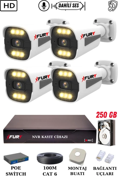 FURY 4 Kameralı Ip Güvenlik Kamerası Seti Sesli 4mp Gece Renkli Su Geçirmez 1506s 250GB