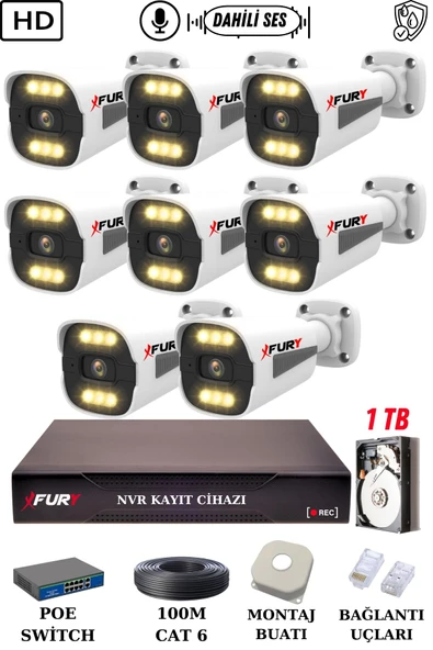 FURY 8 Kameralı Ip Güvenlik Kamerası Seti Sesli 4mp Gece Renkli Su Geçirmez 1506s 1TB ürün görseli