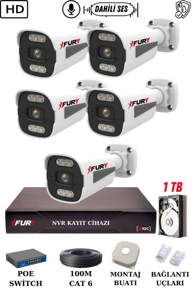 FURY 5 Kameralı Ip Güvenlik Kamerası Seti Sesli 4mp Gece Renkli Su Geçirmez 1506s 1TB - Resim 2