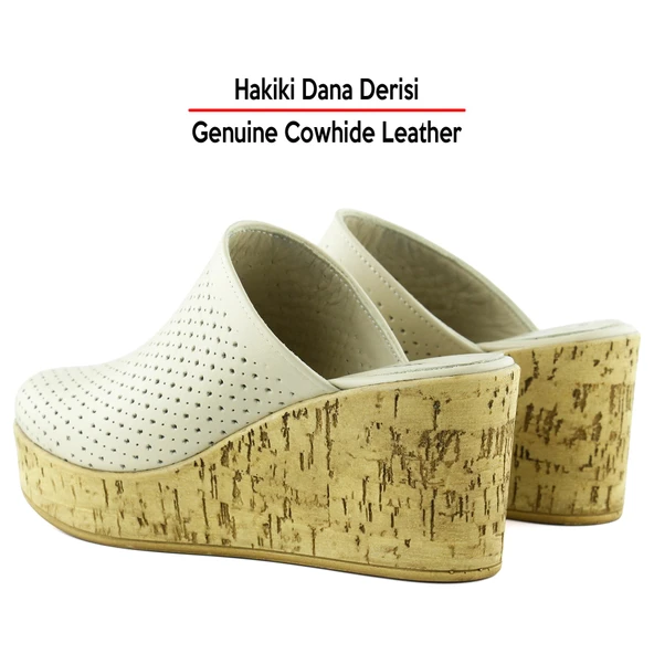 Erkan Saçmacı Aria Bej Hakiki Dana Derisi Önü Kapalı Mantar Taban Görünümlü Dolgu Topuklu Terlik - 5