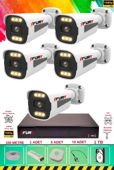 FURY 5 Kameralı 6 Warm Led Gece Renkli Görüş-Cepten İzle-Su Geçirmez Güvenlik Kamerası Seti 1TB ürün görseli