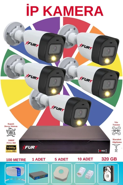 FURY 5 Li Ip Güvenlik Kamera Seti Sesli 4mp Gece Renkli Su Geçirmez 5515s 320GB