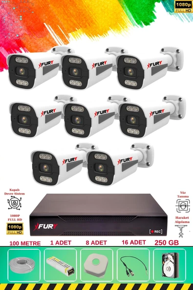 FURY 8 Kameralı 6 Warm Led Gece Renkli Görüş-Cepten İzle-Su Geçirmez Güvenlik Kamerası Seti 250GB - 2