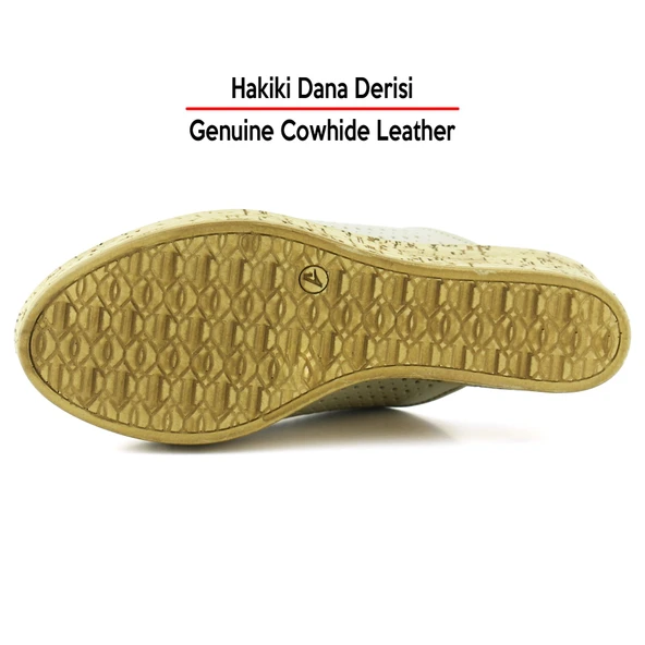 Erkan Saçmacı Aria Bej Hakiki Dana Derisi Önü Kapalı Mantar Taban Görünümlü Dolgu Topuklu Terlik - 6