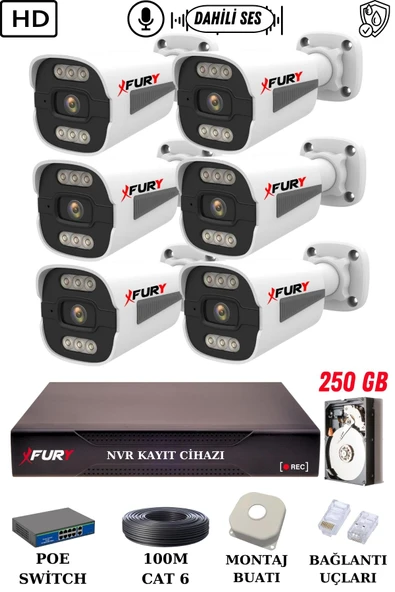 FURY 6 Kameralı Ip Güvenlik Kamerası Seti Sesli 4mp Gece Renkli Su Geçirmez 1506s 250GB - 2