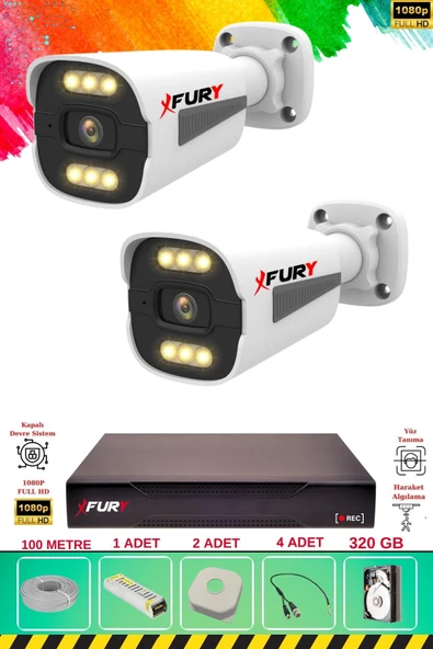 FURY 2 Kameralı 6 Warm Led Gece Renkli Görüş-Cepten İzle-Su Geçirmez Güvenlik Kamerası Seti 320GB ürün görseli 1